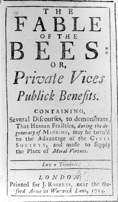 Nimisivu Bernard de Mandevillen teokseen The Fable of the Bees, 1714 tekijältä English School