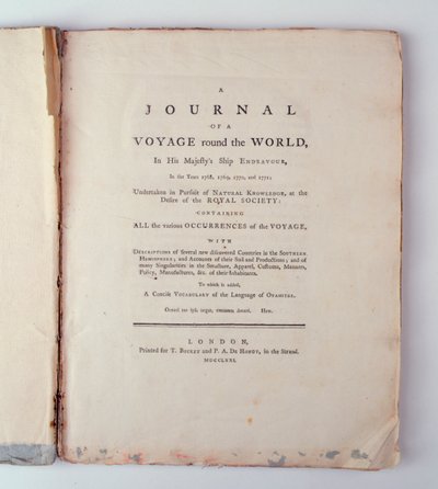 Otsikkolehti Journal of a Voyage Around the World in His Majestys Ship Endeavour in the Years 1768, 1779, 1770 n 1771, julkaistu Lontoossa, 1771 (painettu) tekijältä English School