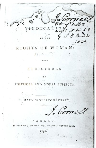 Mary Wollstonecraftin julkaisun Vindication of the Rights of Woman nimisivu, julkaistu vuonna 1792 tekijältä English School