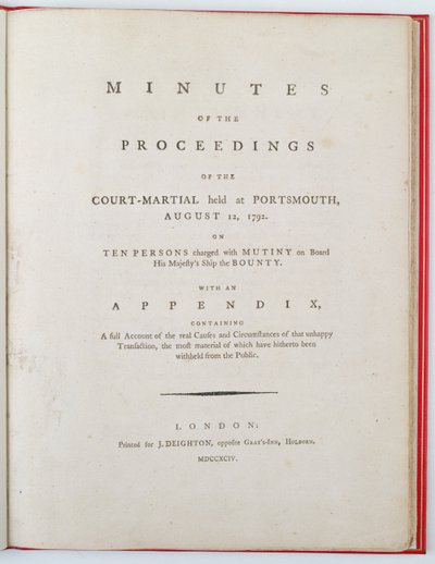 Portsmouthissa 12. elokuuta 1792 pidetyn sotaoikeuden käsittelyn pöytäkirjan otsikkosivu, julkaistu Lontoossa, 1794 (painettu) tekijältä English School