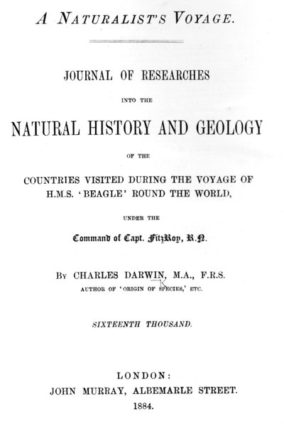 Charles Darwinin artikkelin A Naturalists Voyage Around the World otsikkosivu, painos julkaistiin vuonna 1884 (painettu paperi) tekijältä English School