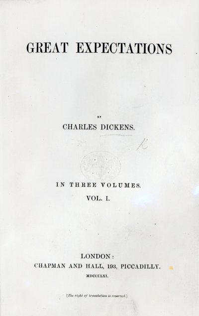 Charles Dickensin suurten odotusten otsikkosivu, ensimmäinen painos, 1861 (painettu) tekijältä English School