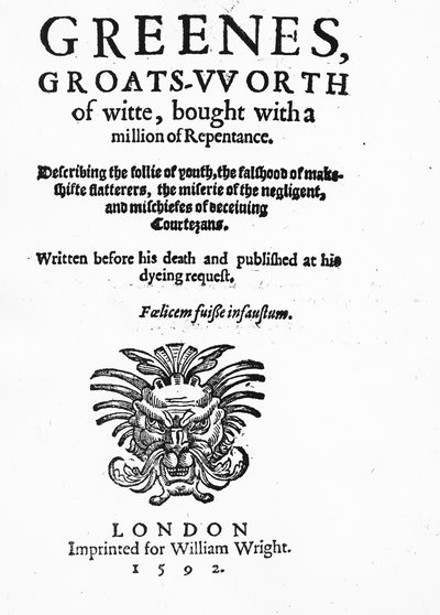 Nimisivu Greenes Groats-Worth of Witille, osoitettu Robert Greenelle, julkaistu vuonna 1592 (painettu paperi) tekijältä English School