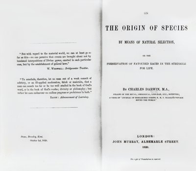 Charles Darwinin vuonna 1859 julkaistun Lajien alkuperän otsikkosivu tekijältä English School