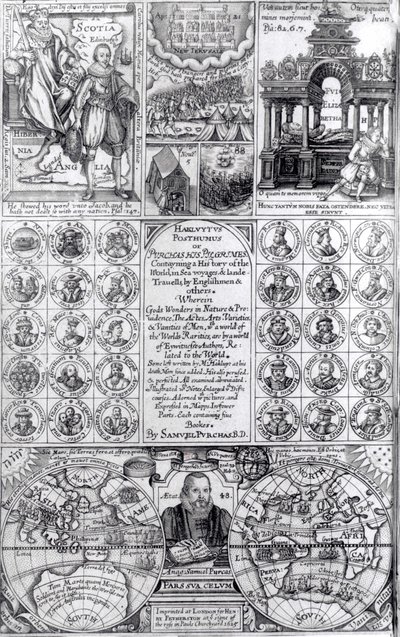 Hakluytus Posthumus or Purchas His Pilgrimes, 1625 julkaistun ensimmäisen painoksen otsikkosivu tekijältä English School