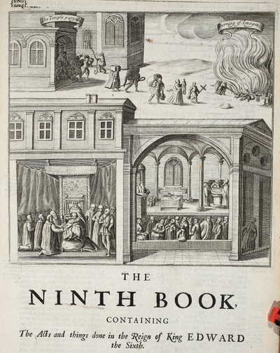 Yhdeksännen kirjan otsikkosivu, John Foxen kuvitus teoksesta Apostolien teot ja monumentit, yhdeksäs painos, pub. 1684 tekijältä English School