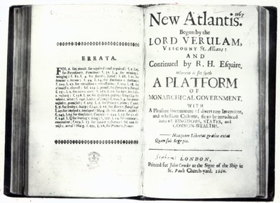 Nimisivut Francis Baconin New Atlantikselle, painos julkaistu vuonna 1660 (painettu) tekijältä English School