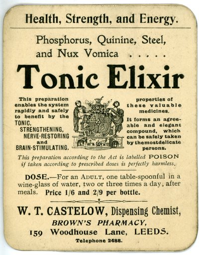 Tonic Elixir etiketti, varhainen (litho) tekijältä English School