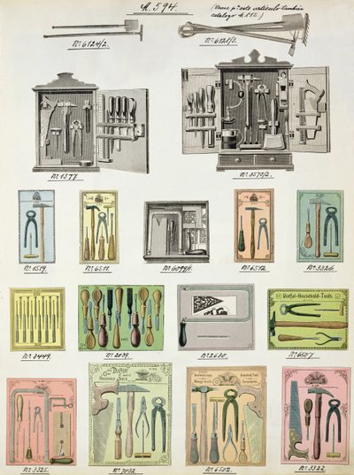 Työkalut ja työkalulaatikot kotimaisten tavaroiden ja tarvikkeiden kauppaluettelosta, n. 1890-1910 tekijältä English School