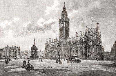 Kaupungintalo, Albert Square, Manchester, teoksesta "Cities of the World", julkaistu noin vuonna 1893 (vedos). tekijältä English School