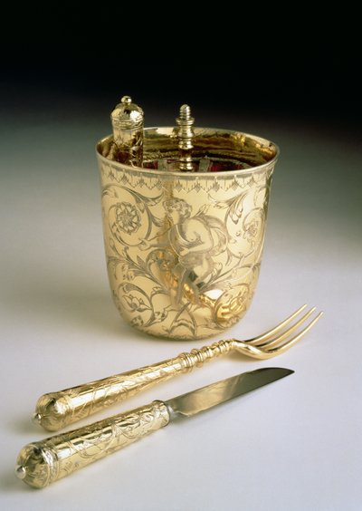 Veitsi, haarukka, lusikka ja dekantterilasi, n. 1690 (hopea) tekijältä English School