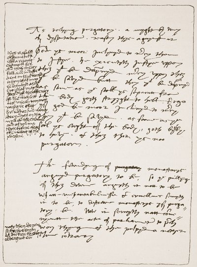 Latimerin omalla käsialalla kirjoittama tutkielma, joka kiistää Transsubstantiaatio-opin, reunahuomautuksilla Henry VIII:n kirjoituksesta, Englannin kirkosta: H.D.M.:n kansan historia. Sp tekijältä English School