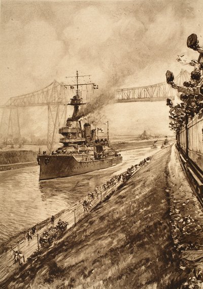 Voittotodistus Britannian merivoimien ylivallasta: H.M.S. Hercules kulkee Kielin kanavan läpi, 1914-1919 tekijältä English School