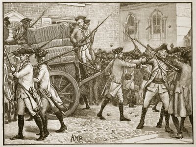 Joukot saattamassa leimattua paperia kaupungintalolle, New York, 1766, kuva Cassells Illustrated History of Englandista (seepiakuva) tekijältä English School