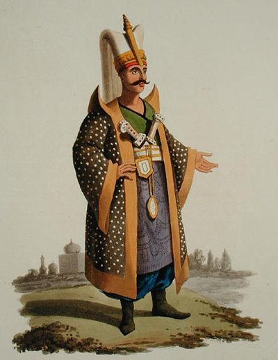Turkkilainen soturi, julkaisusta "Erilaisten kansakuntien puvut", osa VII, "Turkin sotilasasu", kirjoittanut Thomas MacLean, julkaistu n. 1800-1818 (käsinvärinen akvatinta) tekijältä English School