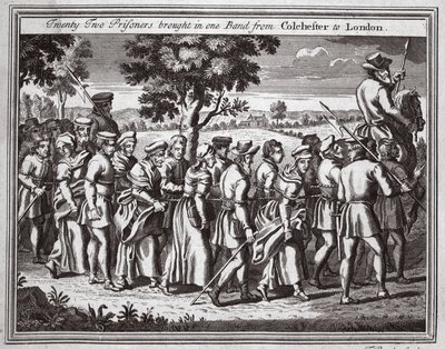 Kaksikymmentäkaksi vankia tuotiin yhteen bändiin Colchesterista Lontooseen, kuva Foxes Martyrsista n. 1703 tekijältä English School