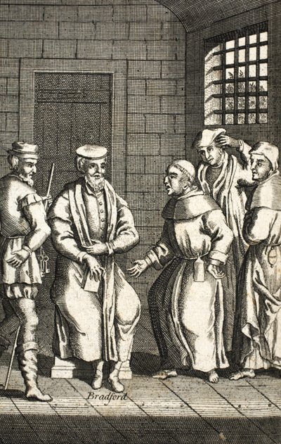 Kaksi espanjalaista veljeä keskustelemassa herra Bradfordin kanssa, kuvitus teoksesta Foxes Martyrs n. 1703 99:Foxes Book of martyrs; John Fox; c17th; Ketut; tekijältä English School