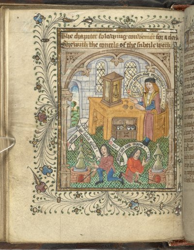 Kaksi miestä hoitamassa uuneja ja pukeutunut tutkija, ehkä Norton, alembics kanssa, Thomas Nortonin (vellum) "Ordinal of Alchemy" -kirjasta tekijältä English School