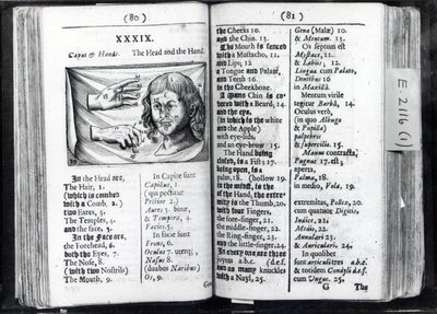 Kaksi sivua Comeniuksen Orbis Sensual Pictuksesta, 1659 tekijältä English School