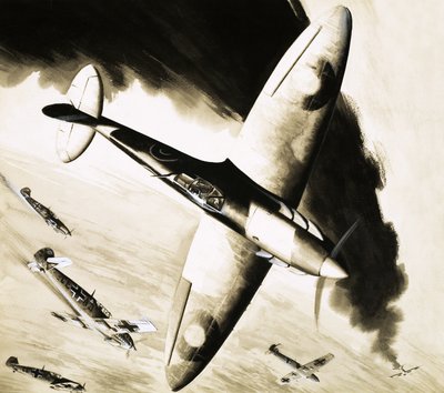 Tuntematon Spitfire taistelussa saksalaisten hävittäjien kanssa tekijältä English School