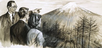 Tunnistamaton mies osoittaa Fuji-vuorelle Japanissa tekijältä English School