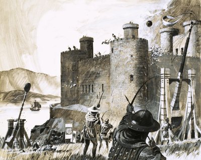 Tunnistamaton linnan piiritys trebuchetilla. tekijältä English School