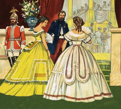 Tuntemattomat naiset juhlamekoissa osallistumassa tilaisuuteen (1800-luku) tekijältä English School