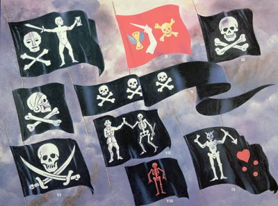Famous Piratesin käyttämät erilaiset liput (väri litho) tekijältä English School