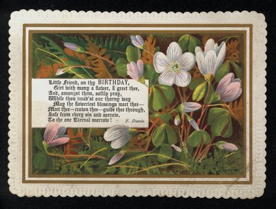 F Davisin säe ja kukat, syntymäpäiväonnittelukortti (chromolitho) tekijältä English School