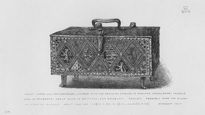 Victoria and Albert Museum: Arkku, kuparikultattu ja emaloitu, vaipattu Englannin armorial Shieldsillä, Angoulesmella, Valencella, Earl of Pembrokella, Dreux Duke of Bretagnella ja Brabantilla, englantilainen, tehty luultavasti Williamille tai Aymer de Val tekijältä English School