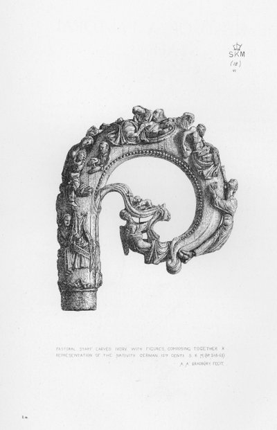 Victoria and Albert Museum: Pastoral Staff, veistetty norsunluu, hahmoja, jotka muodostavat yhdessä esityksen syntymästä, saksa tekijältä English School