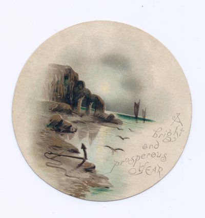 Viktoriaaninen pyöreä uudenvuoden kortti merimaisemasta kahdella jahdilla kuutamoisena yönä, n. 1880 (väri litho) tekijältä English School
