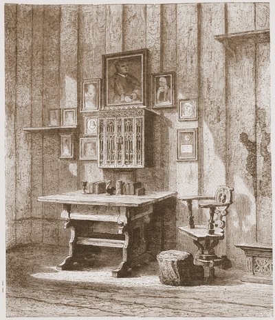 Näkymä Lutherin huoneesta Wartburgissa, mustetahra seinällä, kuvitus James Aitken Wylien (1808-1890) teoksesta The History of Protestantism, pub. 1878 tekijältä English School