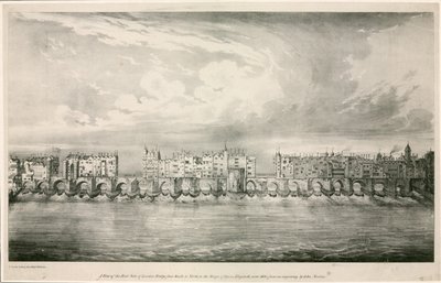 Näkymä Old London Bridgelle kuin kuningatar Elizabeth I:n hallituskaudella tekijältä English School