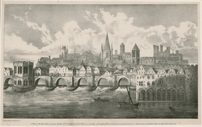 Näkymä Old London Bridgelle kuin kuningas Henrik VII:n hallituskaudella, noin 1500 tekijältä English School