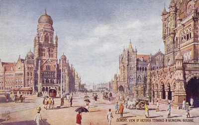 Näkymä Victoria Terminus  Municipal Building, Bombay (värilitografia) tekijältä English School