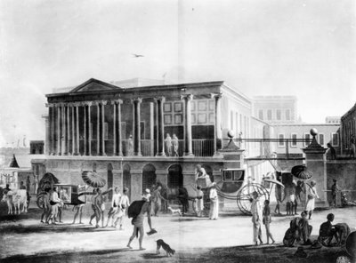 Näkymä talosta, manufaktuurista ja basaarista Kalkutassa, kaiverrus Francis Jukes, 1795 (akvatinta) tekijältä English School
