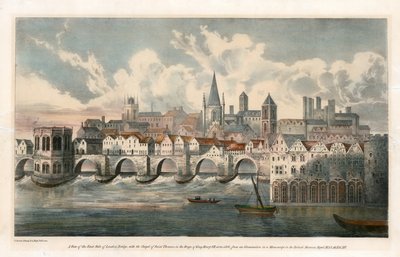 Näkymä Old London Bridgen itäpuolelle BM Royal MSS:stä tekijältä English School