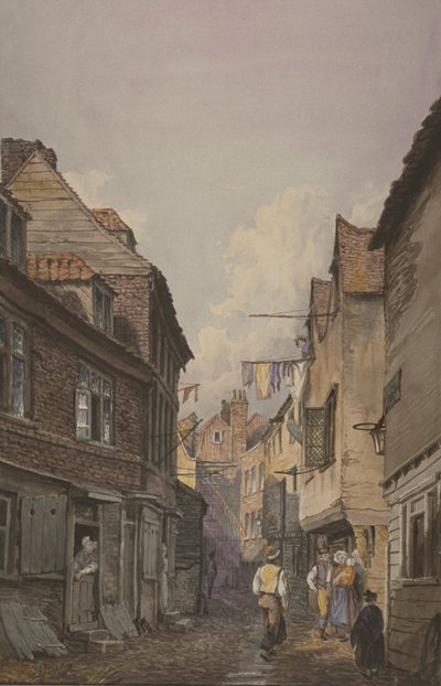 Näkymä hahmoista Glean Alleyssa, Bermondseyssa, n. 1825 (wc paperilla) tekijältä English School