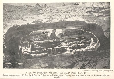 Näkymä kotasta Elephant Islandilla, "Etelä: 1914-1917 retkikunnan tarina", kirjoittanut Sir Ernest Shackleton tekijältä English School