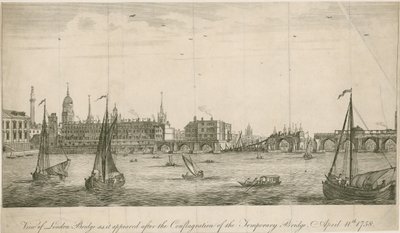 Näkymä vanhasta London Bridgestä sellaisena kuin se näytti vuoden 1758 palon jälkeen tekijältä English School