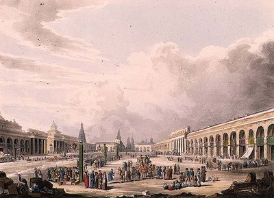 Näkymä Suurelle aukiolle Moskovan myymälöineen, levy 3 julkaisusta Historical Sketch of Moscow, pub. kirjoittanut Rudolph Ackermann (1764-1834) 1813 (akvatinta) tekijältä English School