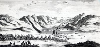 Näkymä suurelle muurille puolella, jolla suurlähettiläs saapui Kiinaan, John Harrisin kokoelmasta matkoja ja matkoja, 1748 tekijältä English School