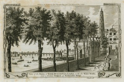 Näkymä York-rakennusten portaille, Lontoo ja vesilaitokset sekä kaukainen Westminster Bridge -näkymä tekijältä English School