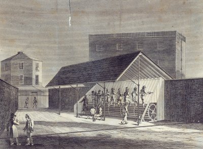Näkymä vankien työllistämiseen tarkoitetusta Tread Millista, joka on pystytetty House of Correction at Brixton, julkaisija Gent. Mag., heinäkuu 1822 tekijältä English School