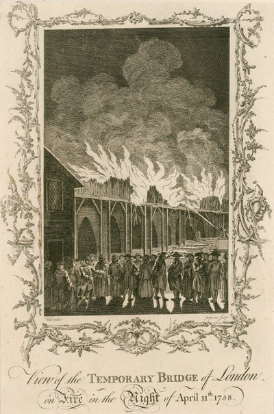 Näkymä tulessa olevasta Lontoon väliaikaisesta sillasta yöllä 11. huhtikuuta 1758 tekijältä English School