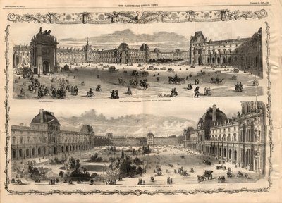 Näkymät Cour Carree du Louvrelle Pariisissa. Kaiverrus "The Illustrated London News" -julkaisussa 15. elokuuta 1857. tekijältä English School