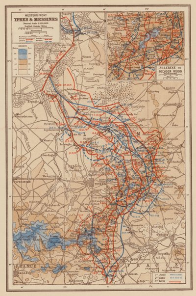 WW1: Länsirintama, Ypres ja Messines (värilitografia) tekijältä English School
