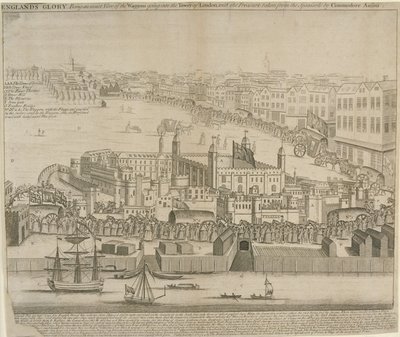 Aarrevaunuja viedään Lontoon Toweriin, 1744 tekijältä English School