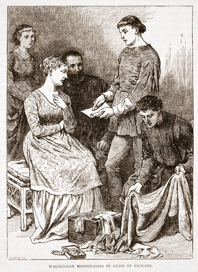 Waldensialaiset lähetyssaarnaajat Pedlarsin varjossa, kuvitus James Aitken Wylien (1808-1890) teoksesta The History of Protestantism, pub. 1878 tekijältä English School